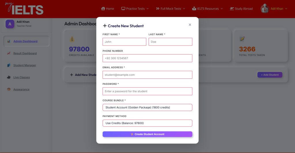 MyIELTS Admin Dashboard